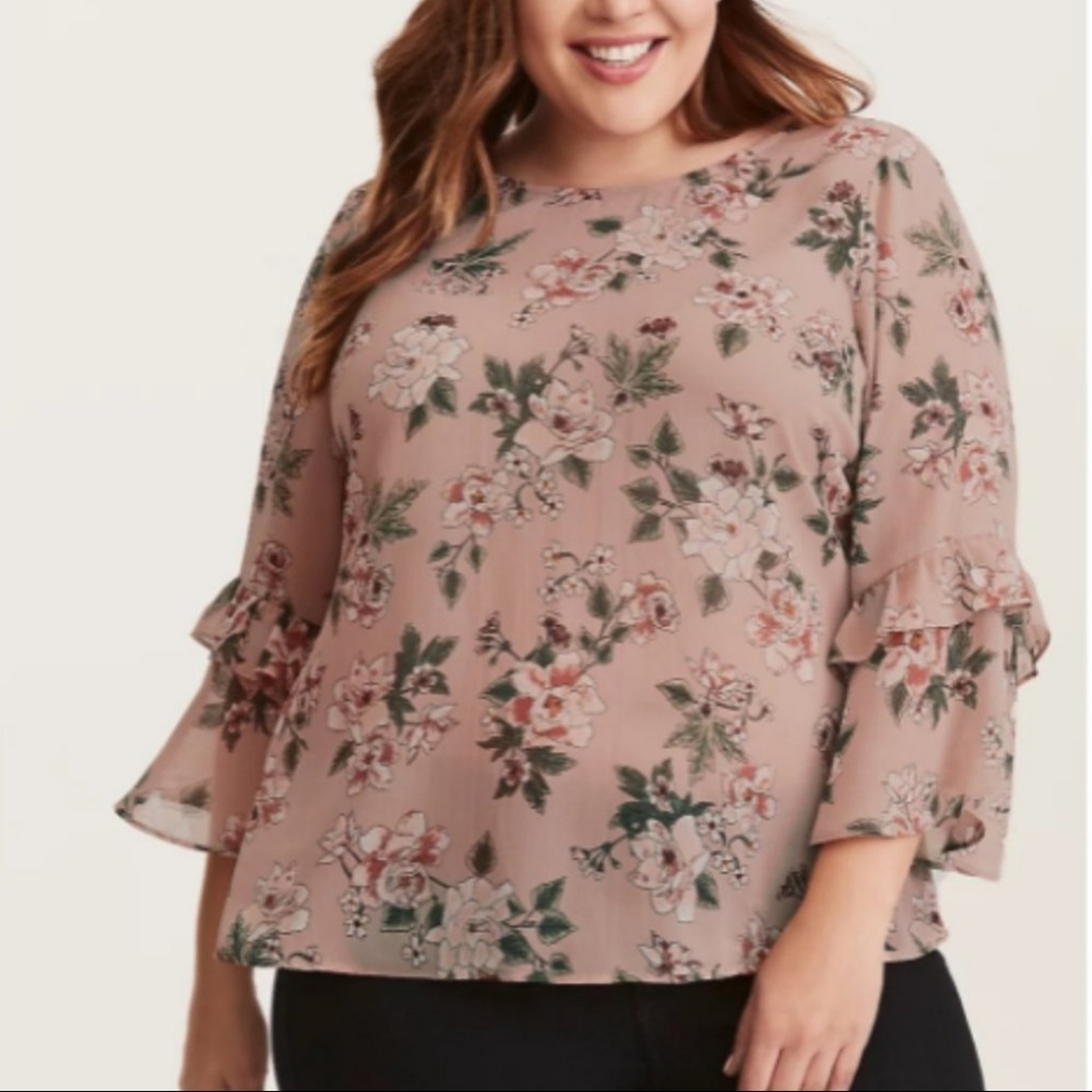 Torrid Floral Print Chiffon Ruffle Bell Sleeve Blouse